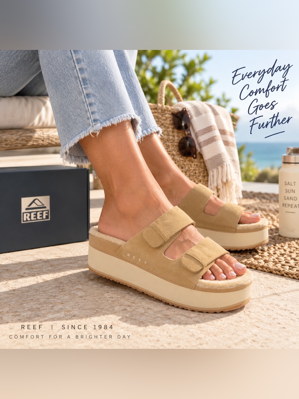 REEF Ojai Ciara Women’s Platform Sandals Tan Leather Faux Fur Size 9 NIB